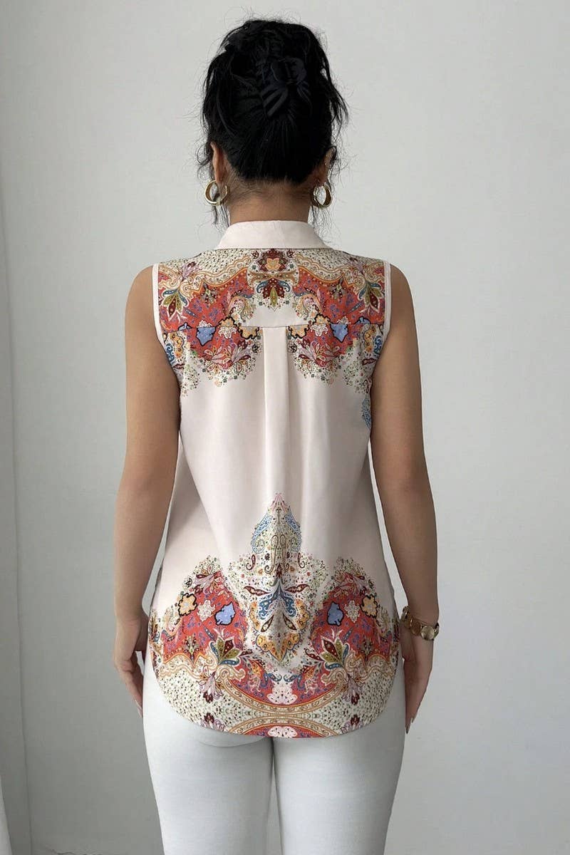 CWTBLSL01042_VINTAGE PRINT SLEEVELESS LAPEL BLOUSE