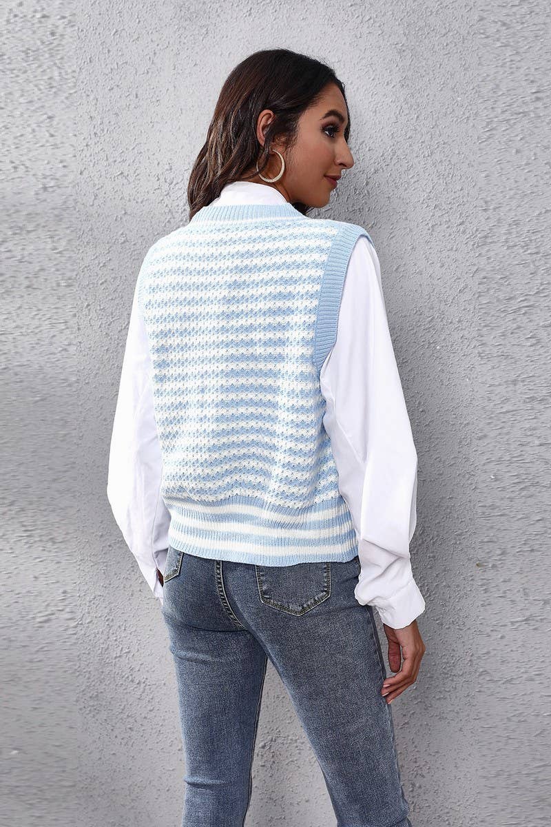 CWOV0488_STRIPED KNITTED CARDIGAN SWEATER VEST