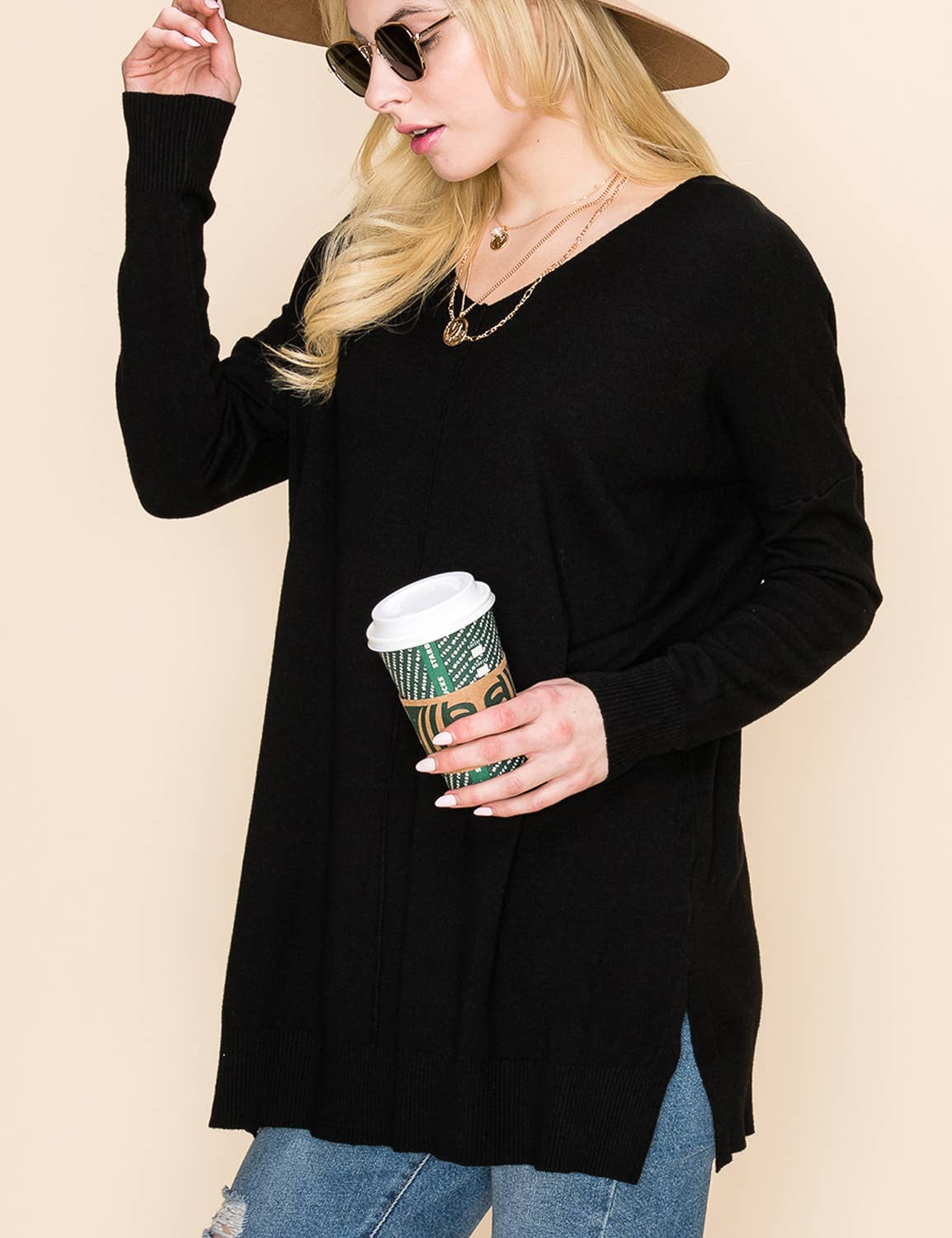 CWOSWL1826_V NECK LOOSE FIT TUNIC LENGTH SOFT SWEATER TOP