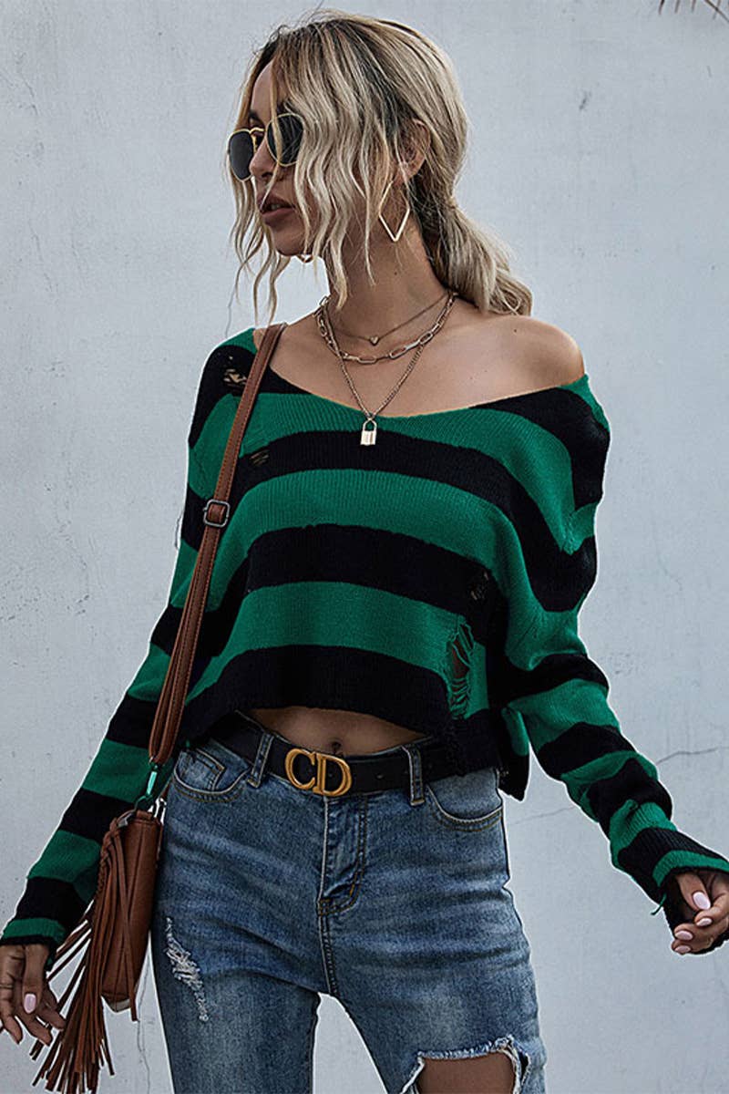 CWTSTL2722_STRIPED V-NECK LOOSE SHORT KNITTED SWEATER