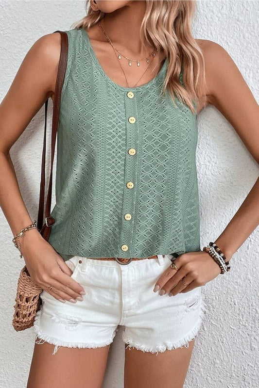 CWTBLSL0647_CASUAL ROUND NECK BUTTON LOOSE SLEEVELESS VEST