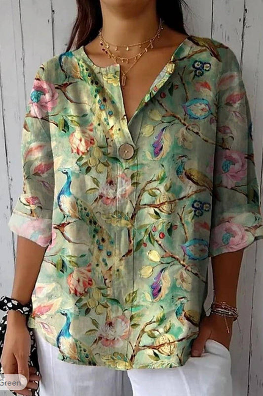 CWTBLL00715_BUTTONED V-NECK PRINTED CASUAL TOP T-SHIRT