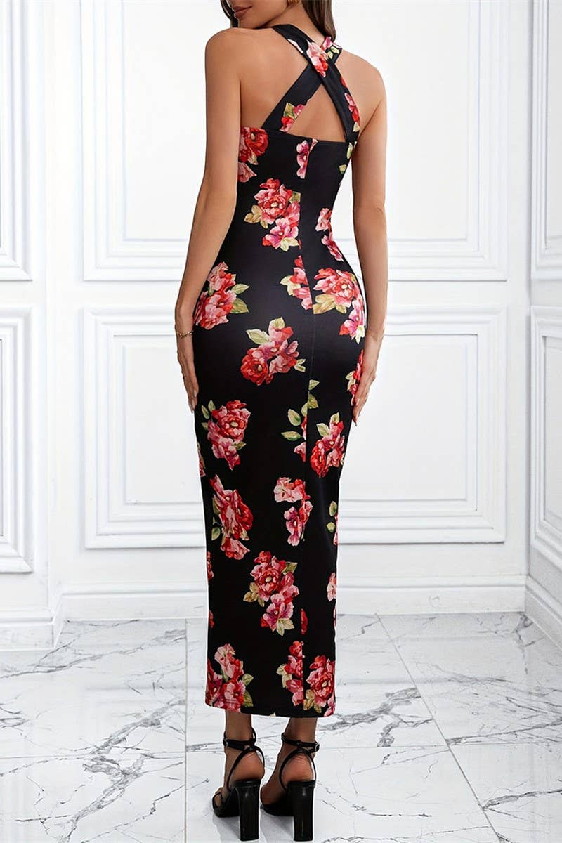 CWDHL0776_ROSS NECK HIGH-END BACKLESS SLIT HALTER DRESS