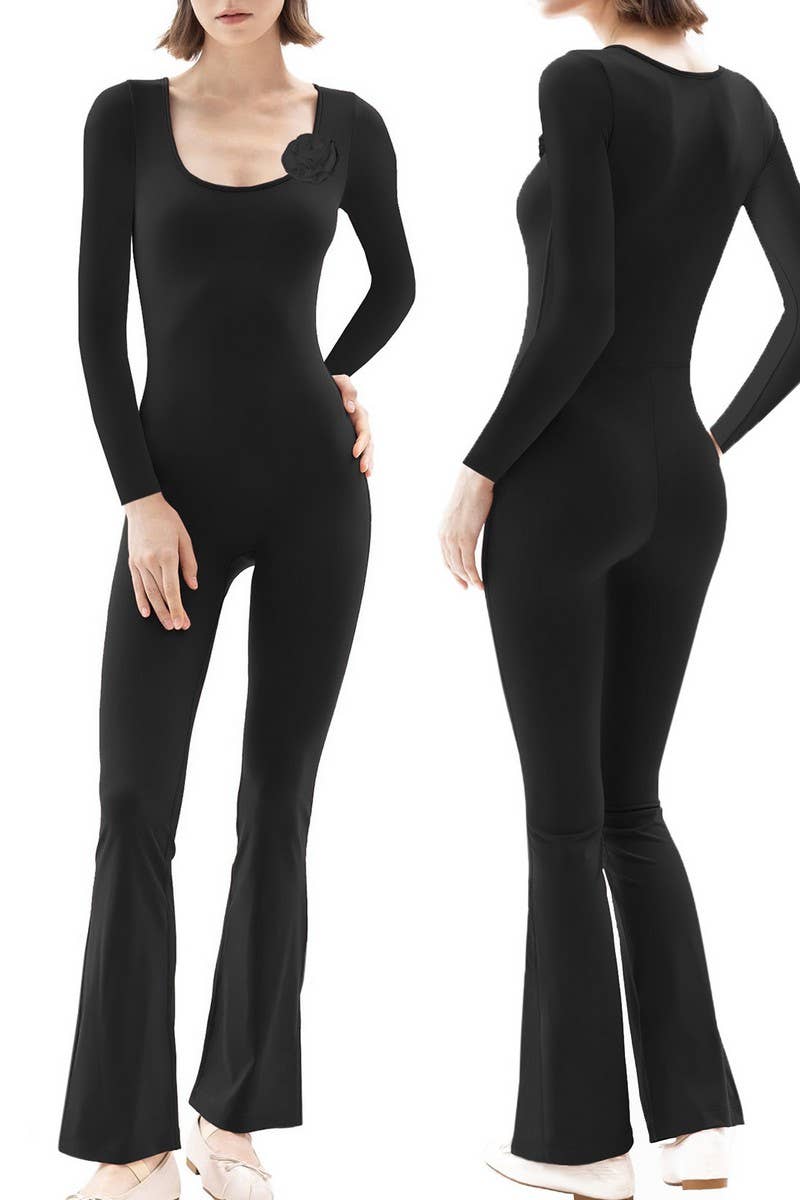 CWSJS1383_SQUARE NECK WIDE LEG HIGH ELASTIC JUMPSUIT