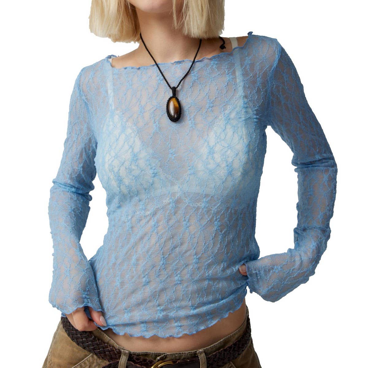 SEMI SHEER MESH LACE T-SHIRT SLIM-FIT CROPPED TOP
