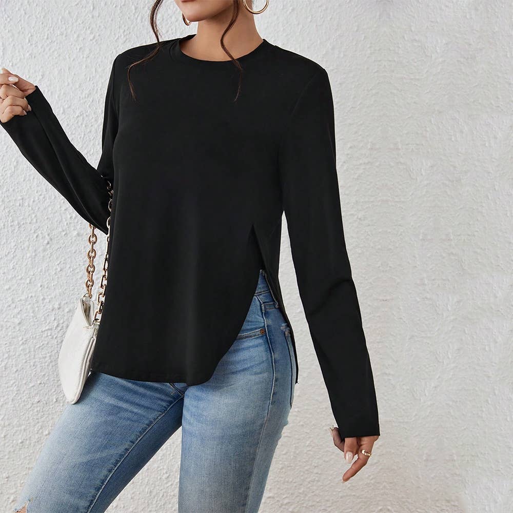 CASUAL ROUND NECK OPEN LONG-SLEEVED T-SHIRT TOP