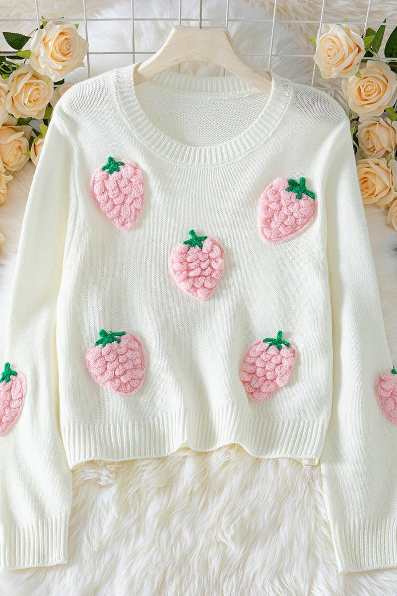 CWOSWL6959_3D STRAWBERRY APPLIQUE ELEGANT PULLOVER SWEATER