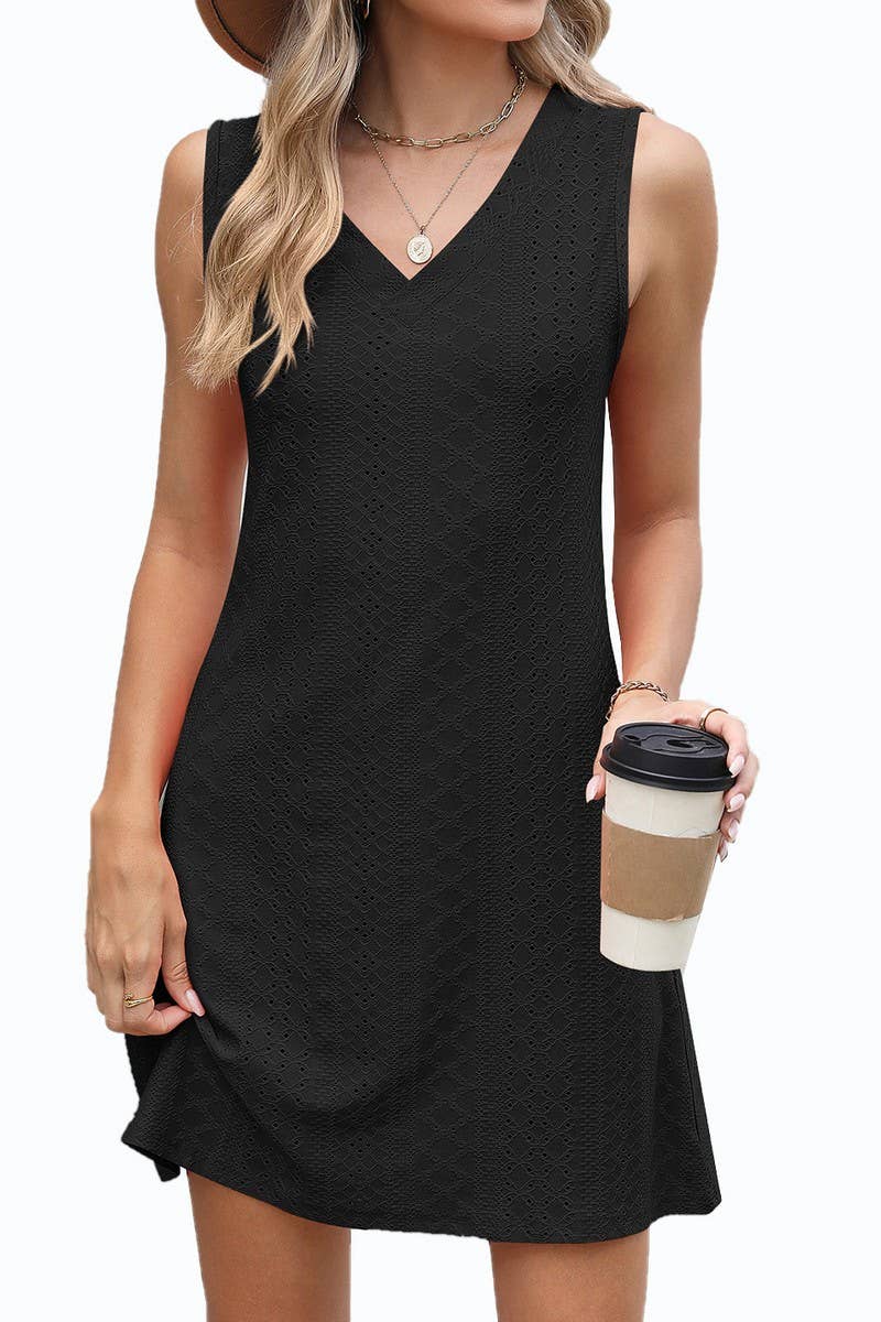 CWDSD8719_SOLID V-NECK SLEEVELESS CASUAL DRESS