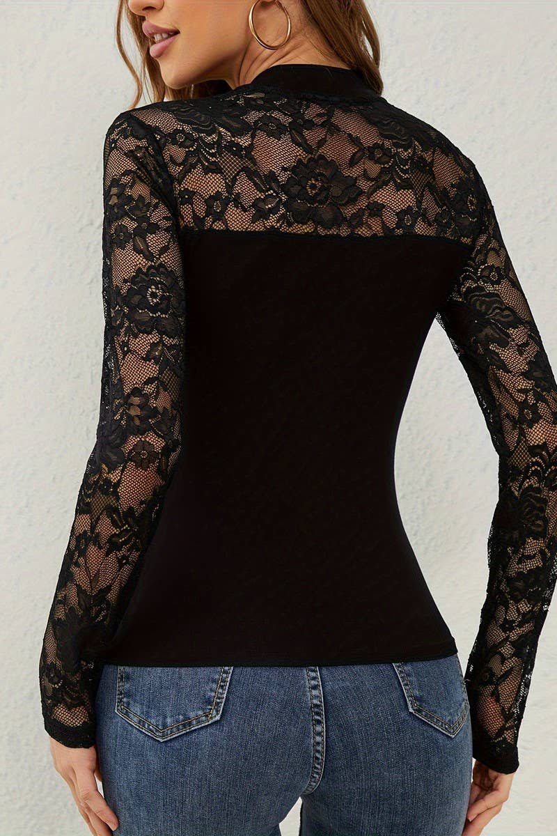 CWTBLL3515_LACE PATCHWORK SMALL STAND COLLAR PULLOVER TOP