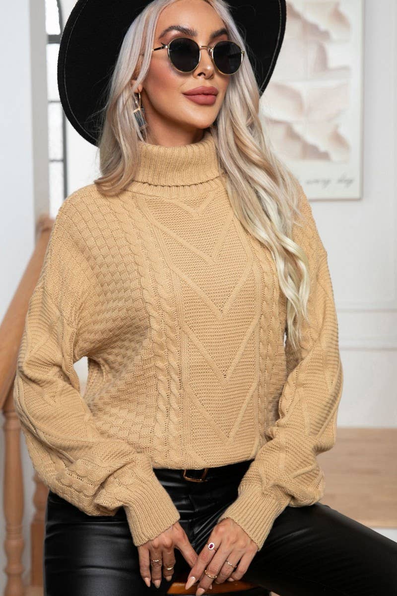 CWOSWL6862_AUTUMN AND WINTER HIGH COLLAR CABLE LOOSE SWEATER