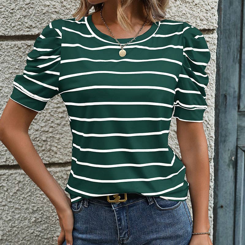 Casual Lamb Leg Sleeve Striped Crewneck T-Shirt