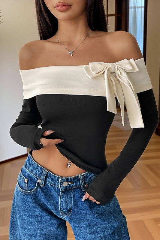 CWTBLL00731_BOW COLORBLOCK OFF-THE-SHOULDER T-SHIRT