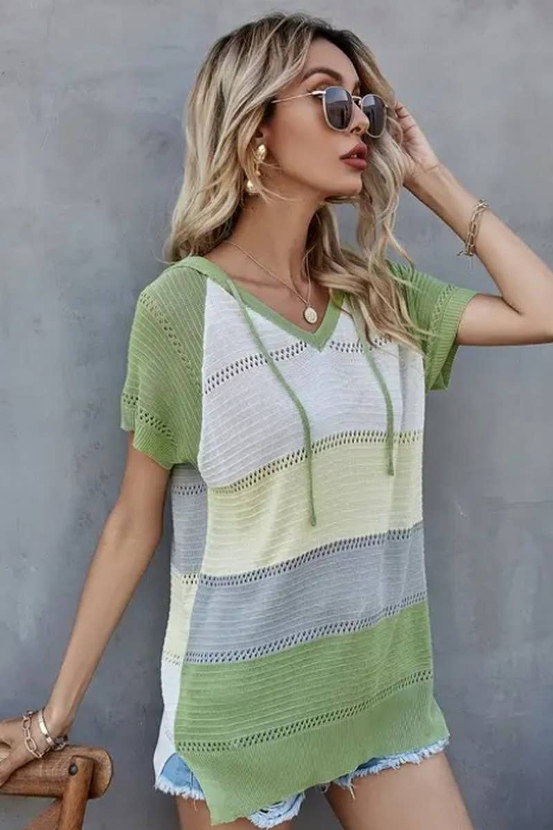 CWTTS1304_SPRING AND SUMMER STRIPED HOODED T-SHIRT