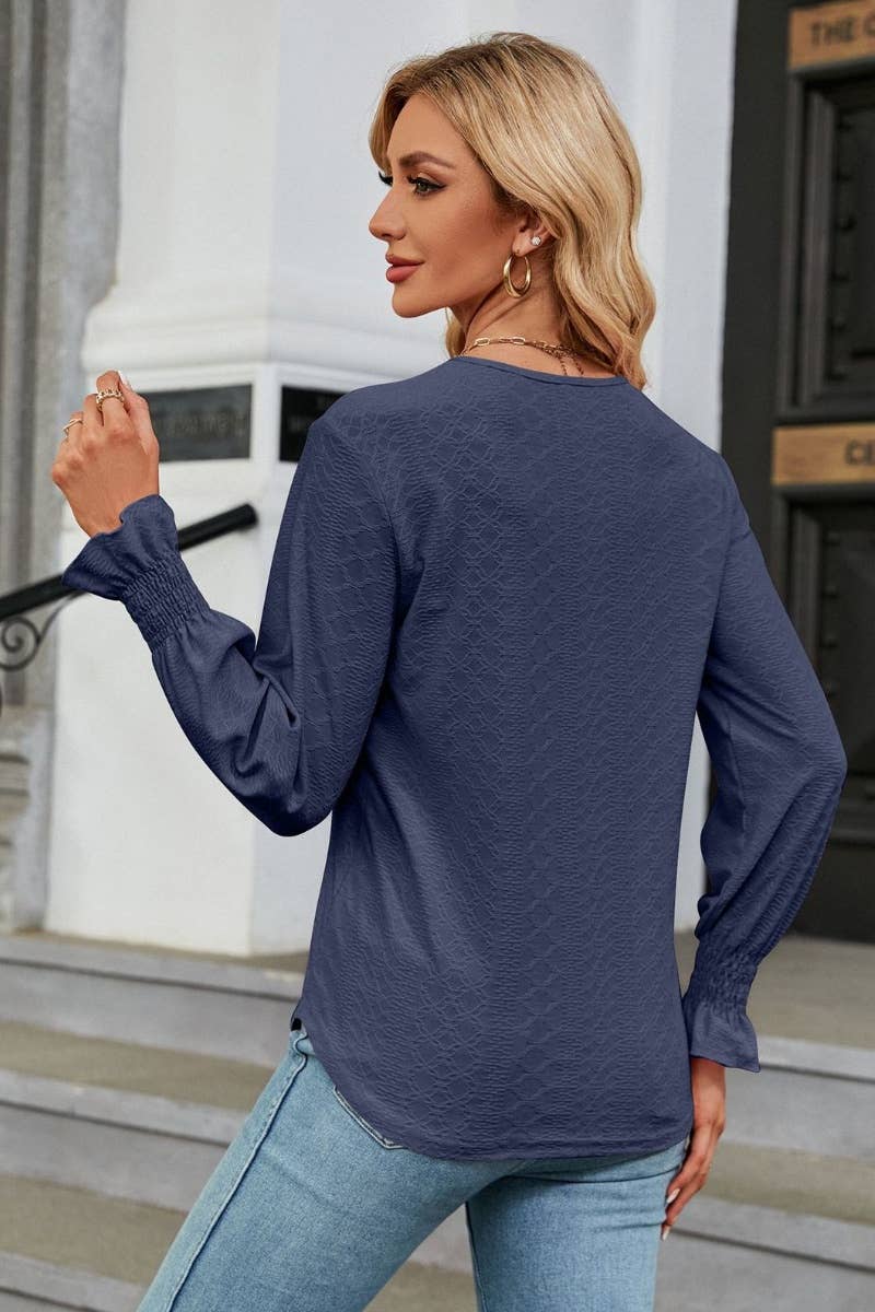 CWTBLL2822_LACE LACE PATCHWORK V-NECK LONG SLEEVE TOP