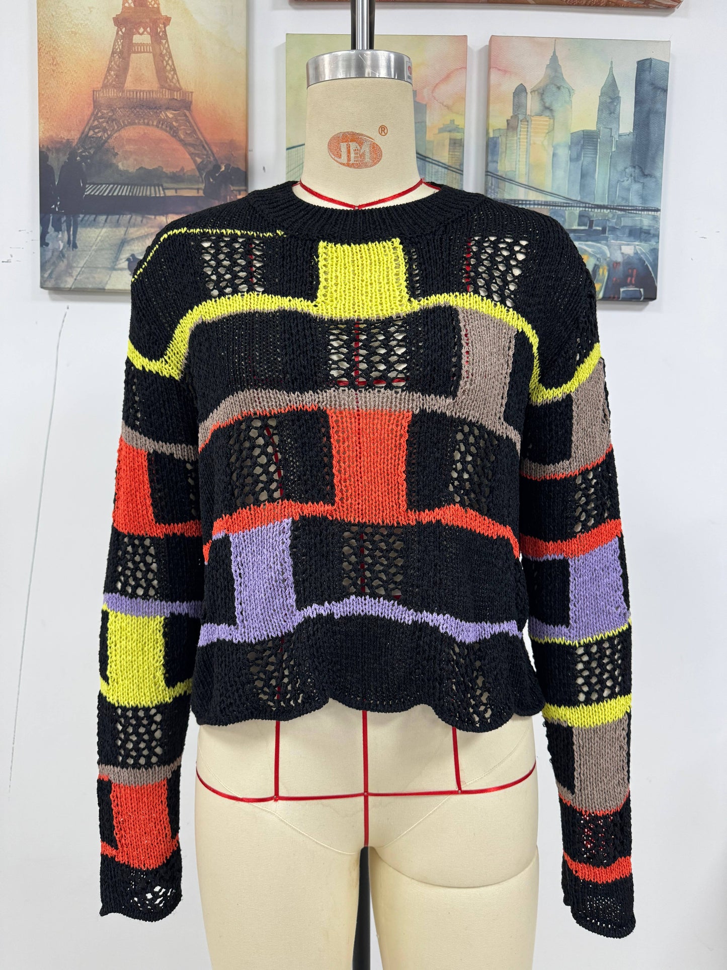 COLOR MATCHING LOOSE PULLOVER LONG SLEEVE SWEATER