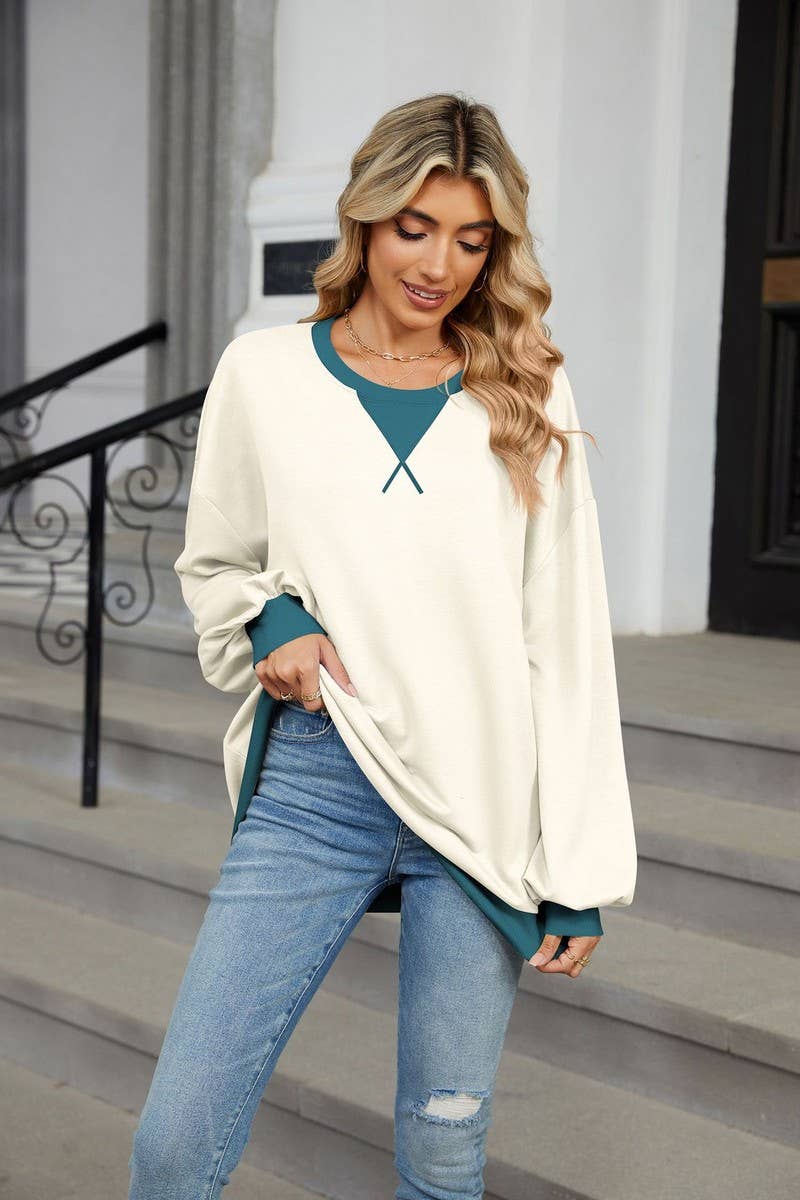 CWTBLL3743_AUTUMN AND WINTER CONTRAST COLOR LOOSE SWEATSHIRT