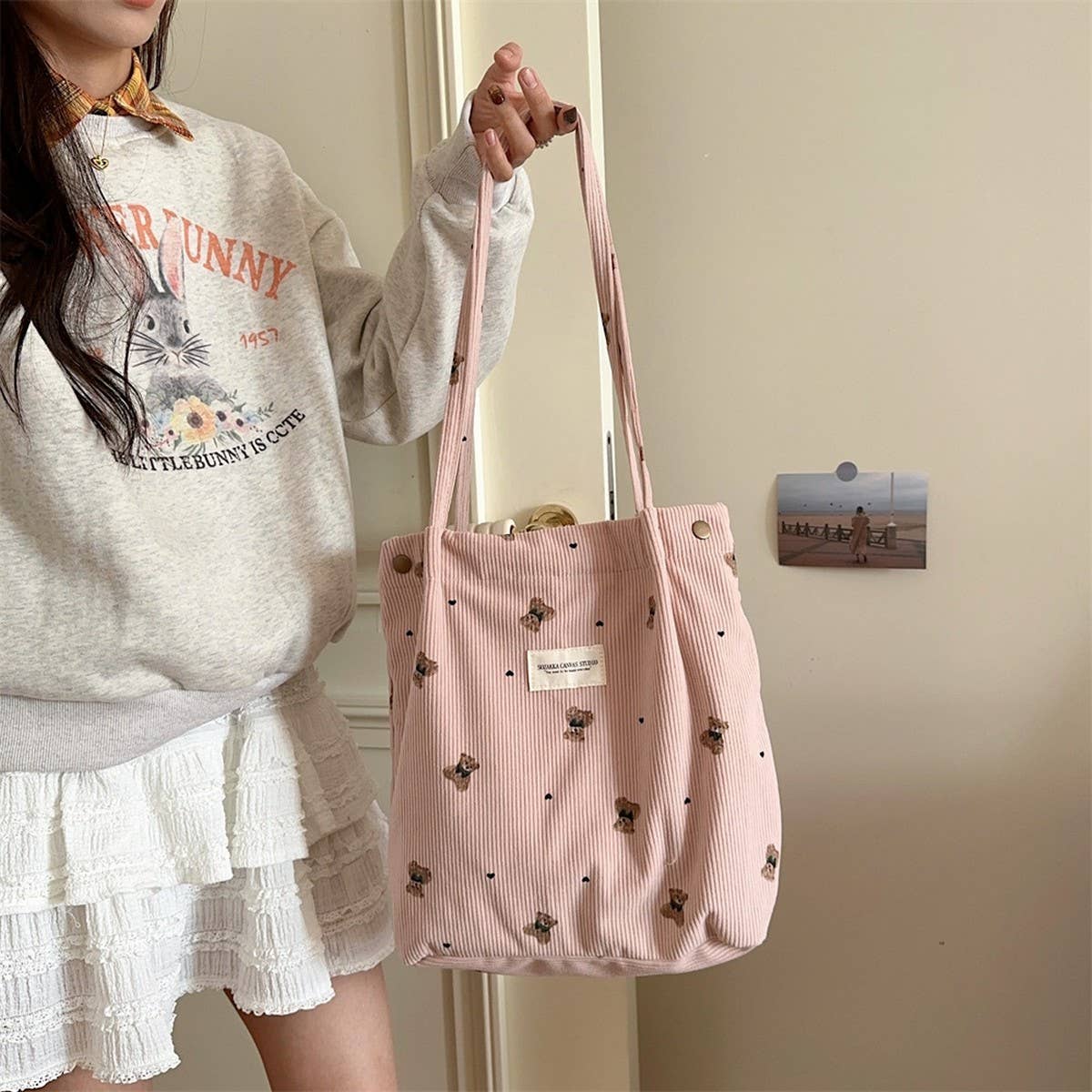 CWAB3901_CORDUROY BEAR PRINT SINGLE SHOULDER UNDERARM BAG