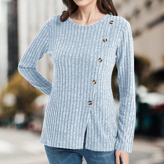 CREW-NECK SOLID COLOR PIT STRIPE BUTTON KNIT