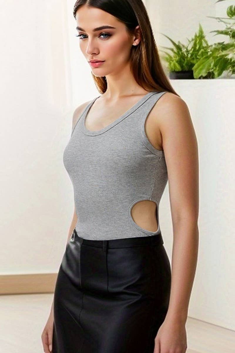 CWSBSSL0120_SLIM FIT RIBBED U NECK WAIST CUTOUT BODYSUIT