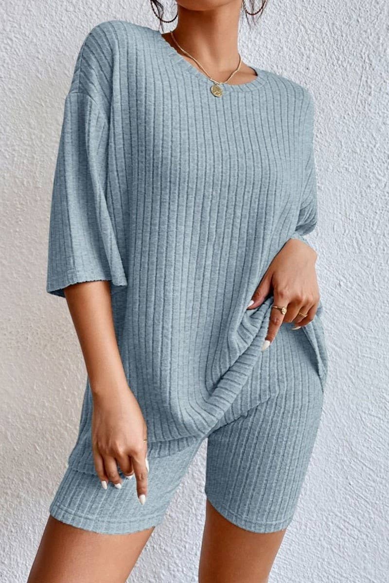 CWSTB1361_SOLID COLOR ROUND NECK LOOSE TOP AND SHORTS SET