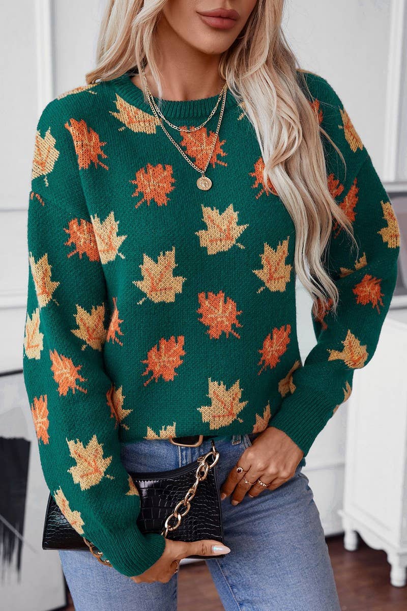 CWOSWL2808_MAPLE LEAF JACQUARD CASUAL PULLOVER KNIT TOP