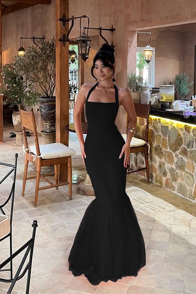 CWDHL0794_HALTER NECK FISHTAIL BACKLESS STITCHING DRESS