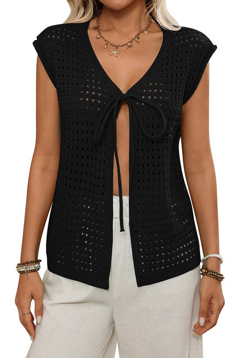 CWTTS1369_BOHEMIAN HOLLOW KNIT CARDIGAN LACE-UP BLOUSE