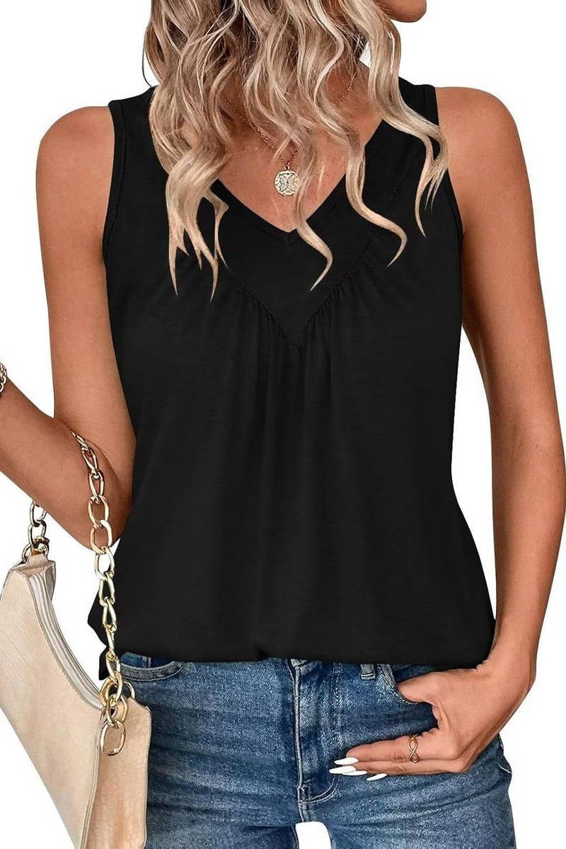 CWTTK1178_SOLID V-NECK SLEEVELESS FIT TANK TOP