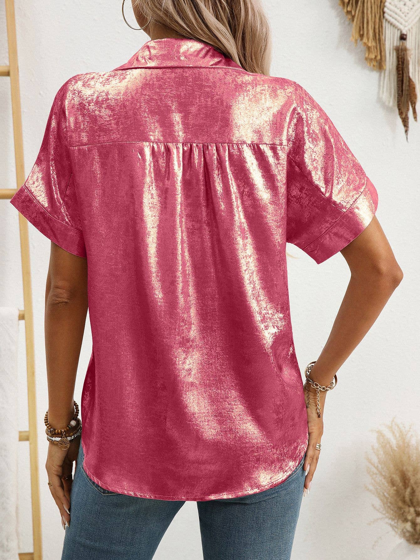 Casual loose short-sleeved lapel metallic shirt