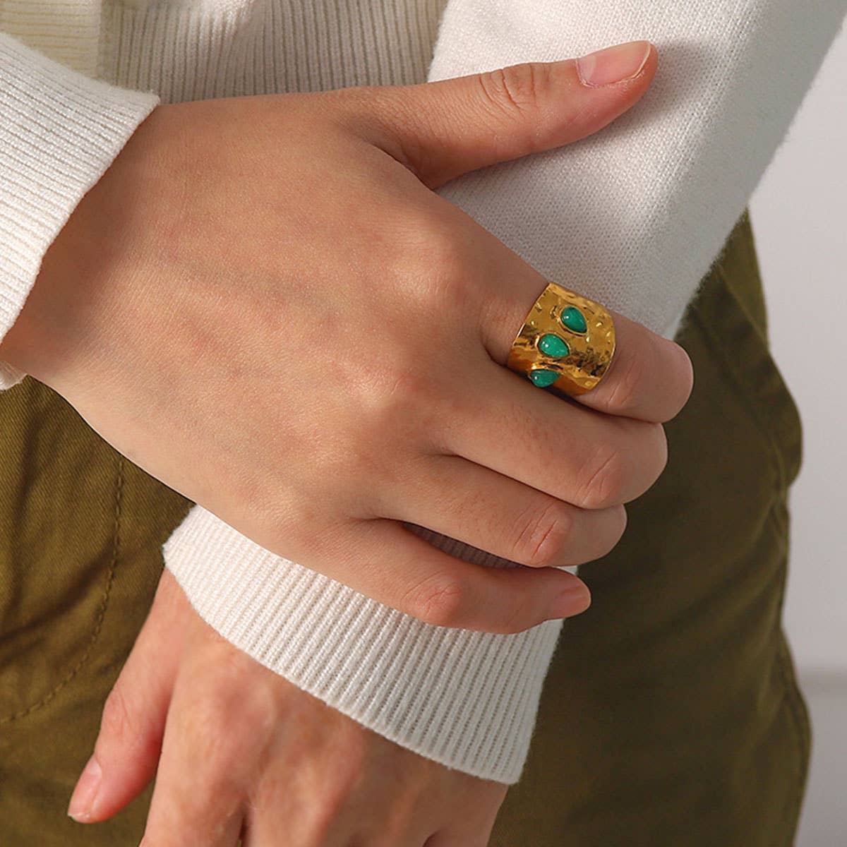 GREEN NATURAL STONE WIDE RINGS STAINLESS STEEL