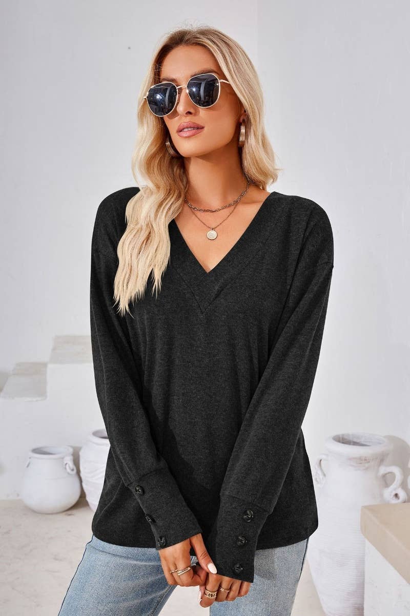 CWTBLL2683_AUTUMN LOOSE SIMPLE V-NECK LONG SLEEVE TOP