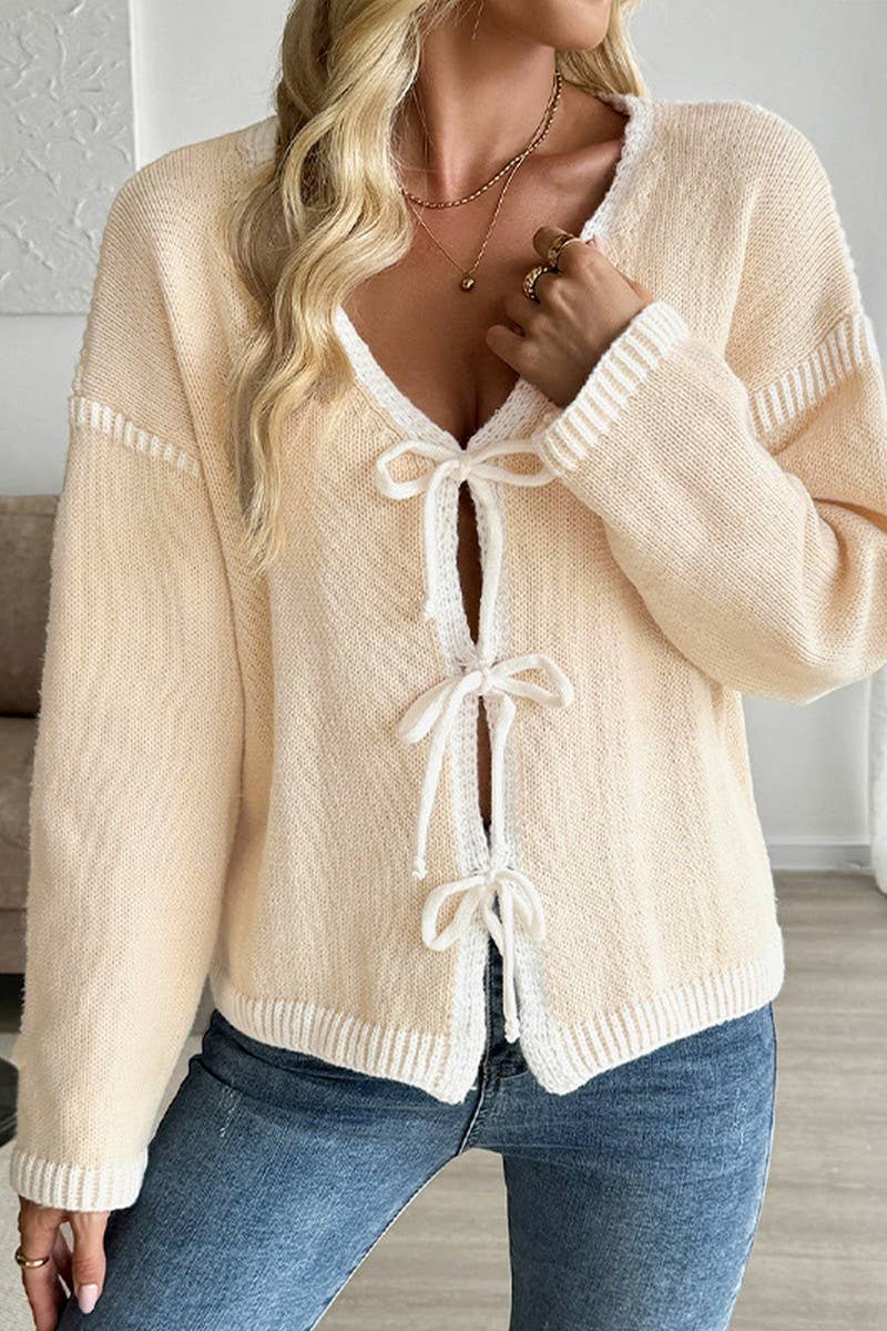 CWOCAL00592_COLORBLOCK TIE FRONT KNIT CARDIGAN SWEATER