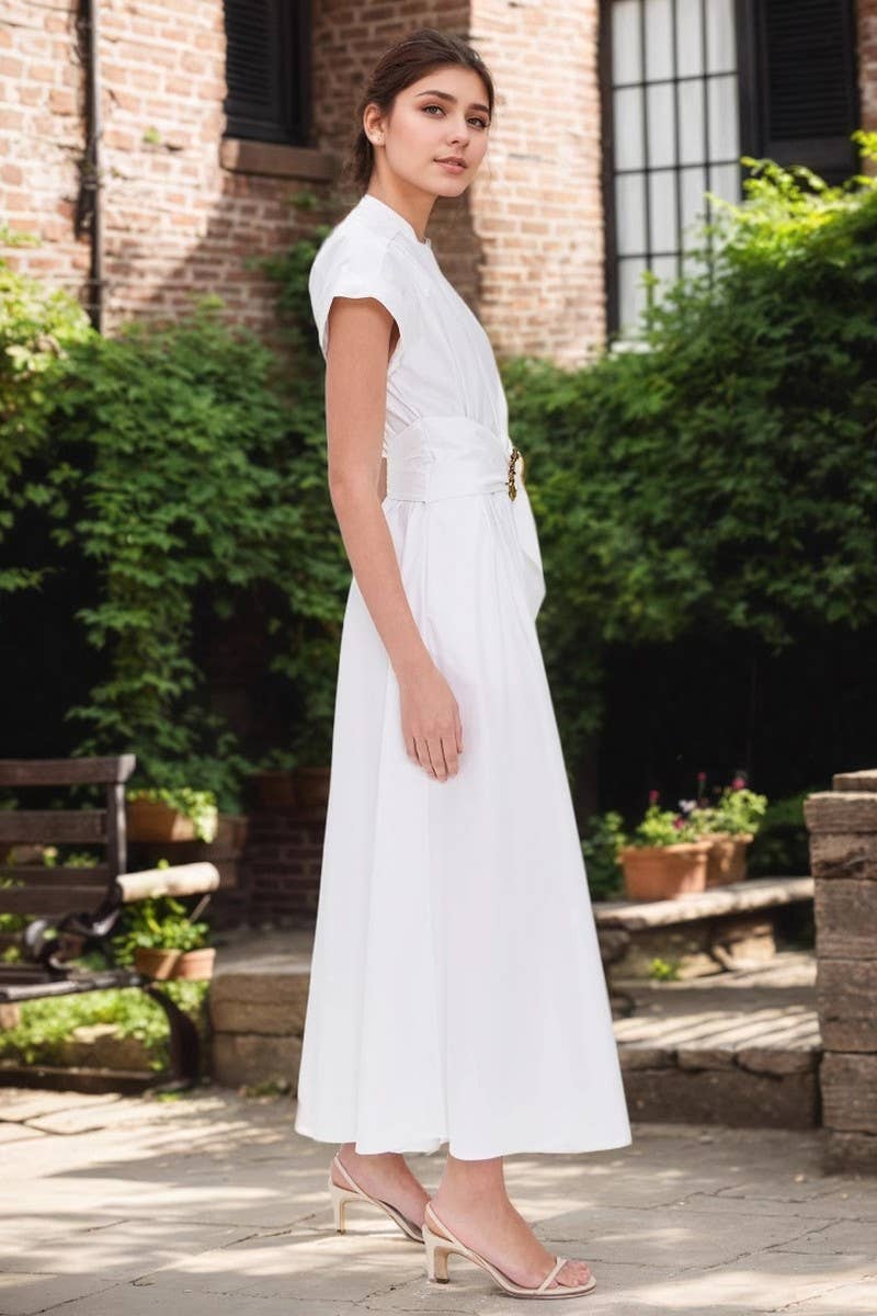 CWDMD6357_STAND COLLAR METALLIC BELTED WAIST TIE MAXI DRESS