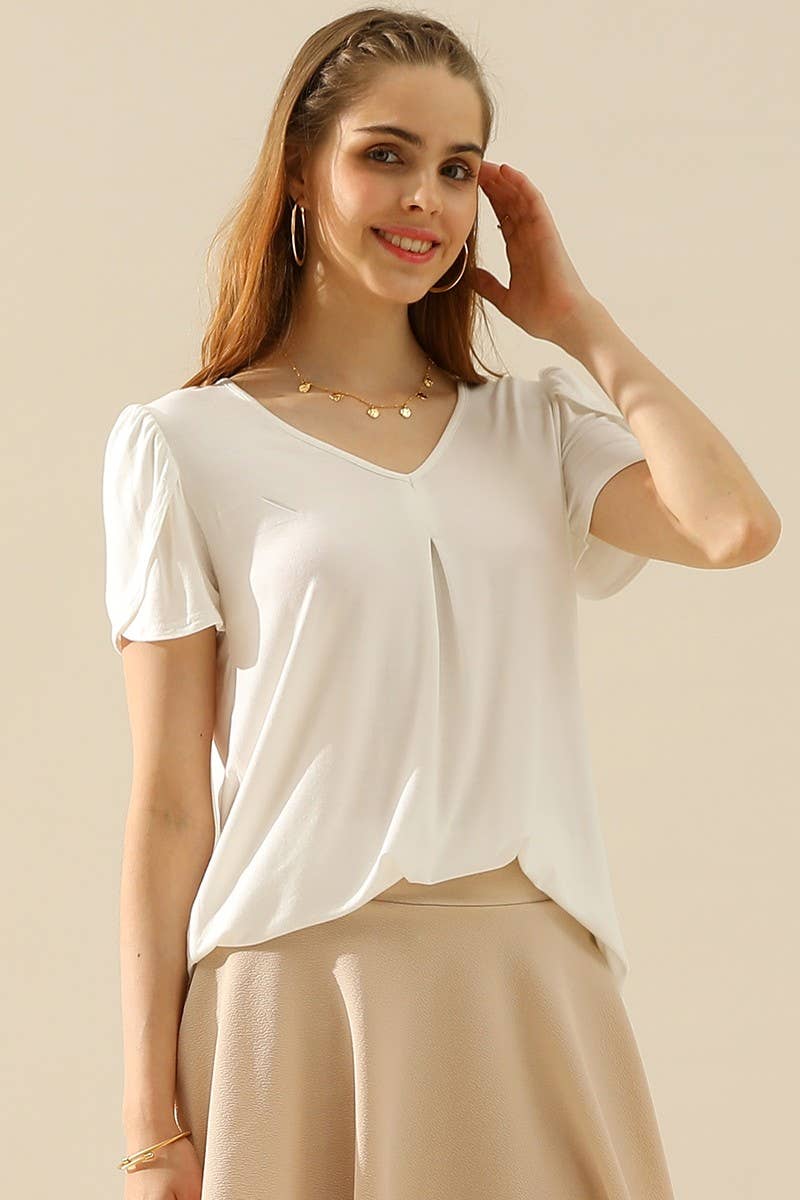 CWTTS561_SOLID V NECK SHORT TULIP SLEEVE TUNIC TOPS