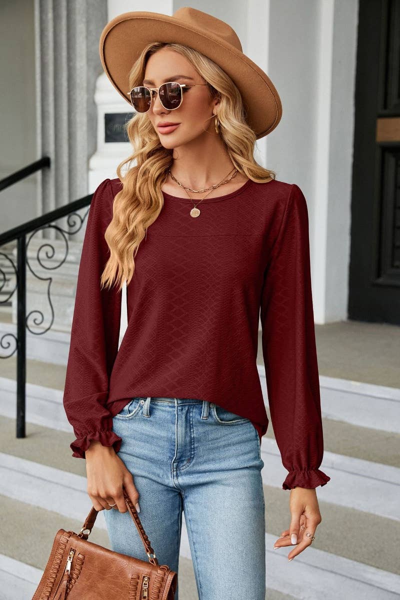 CWTBLL2820_FALL SOLID COLOR CREW NECK LONG SLEEVE TOP