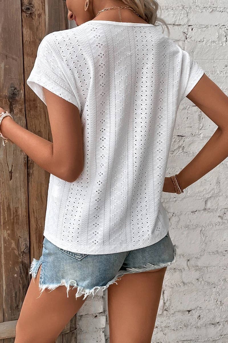 CWTBLS0642_WOMEN'S V-NECK LACE PATCHWORK SHORT-SLEEVED TOP