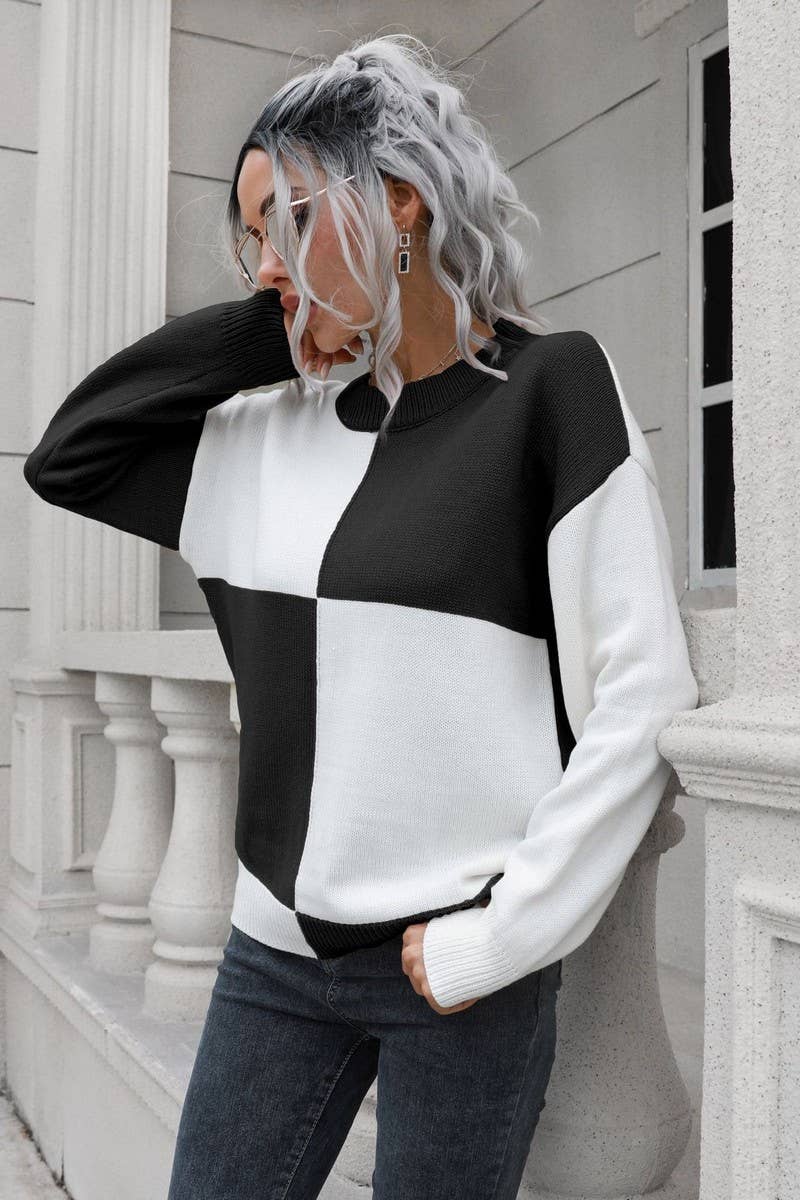 CWOSWL3892_CHECKERBOARD CREW NECK  KNIT PULLOVER SWEATER