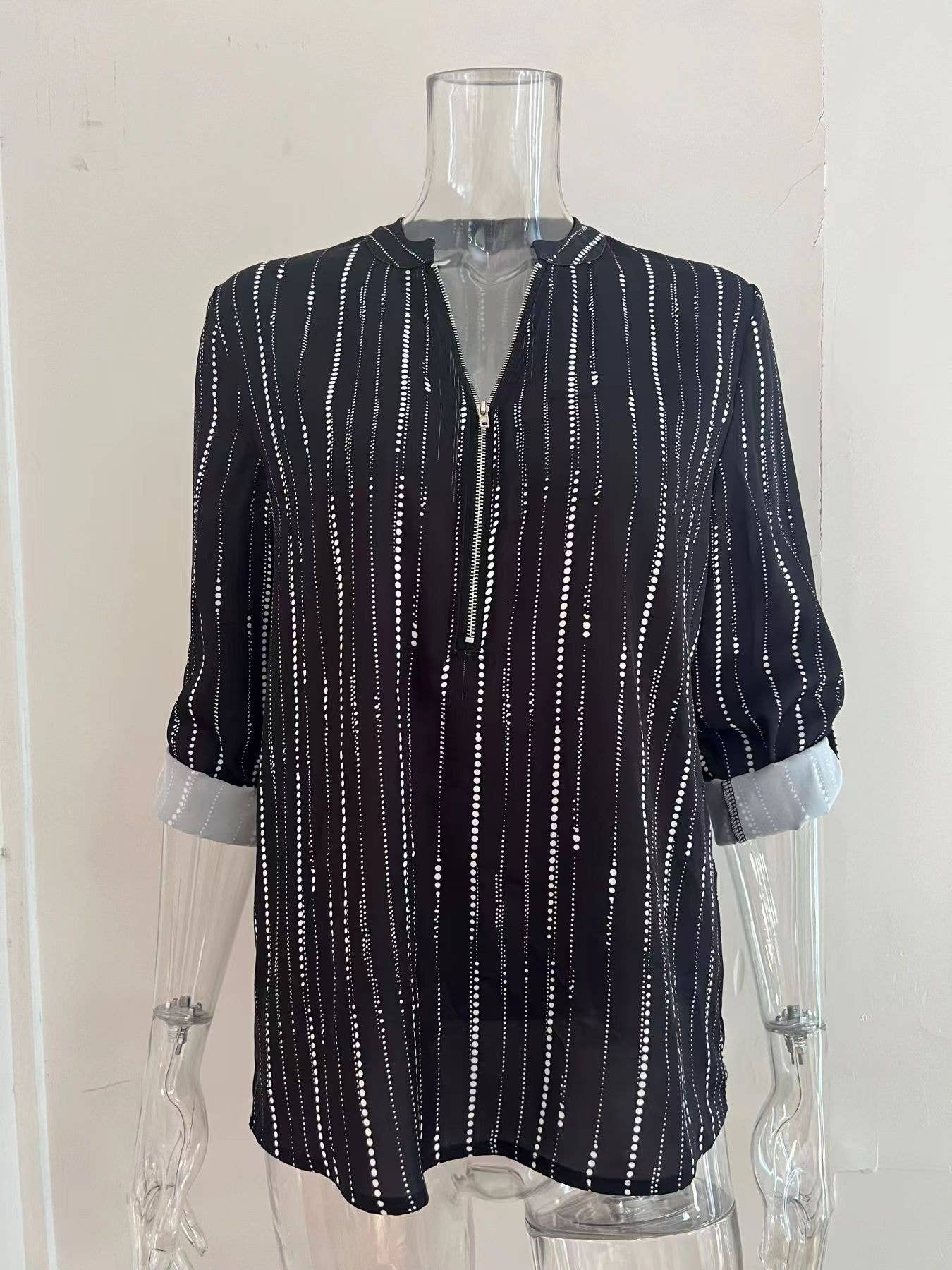 Casual elegant striped zipper long-sleeved shirt