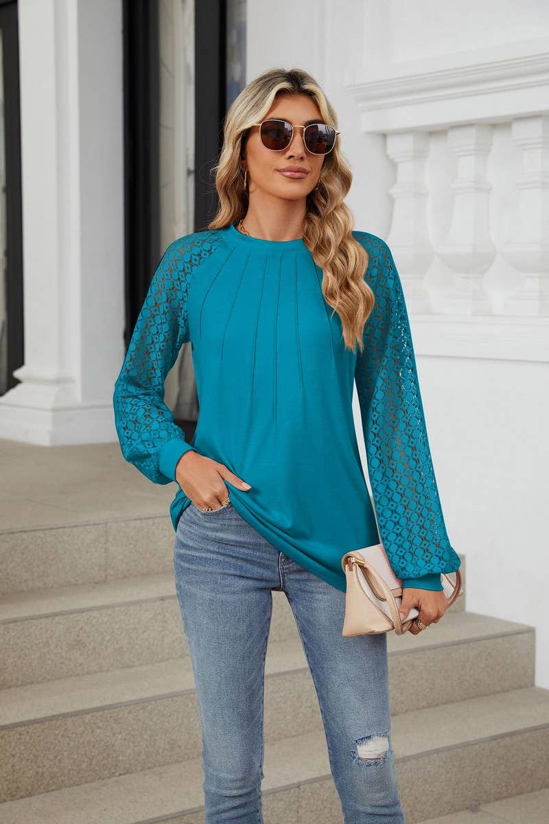 CWTBLL2349_AUTUMN AND WINTER ROUND NECK LACE CASUAL T-SHIRT