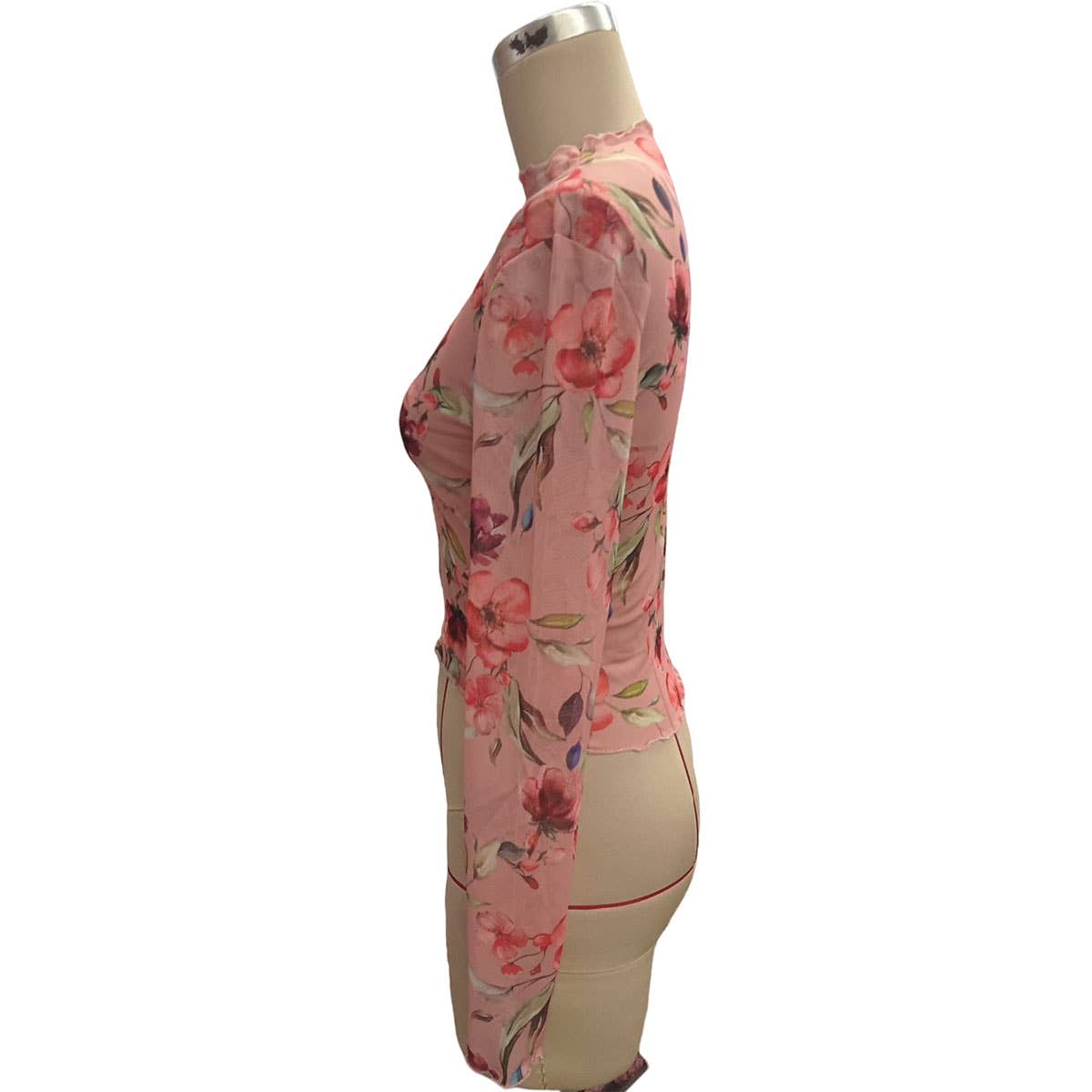SEMI SHEER FLORAL PRINT MESH LACE SLIM FIT TOP