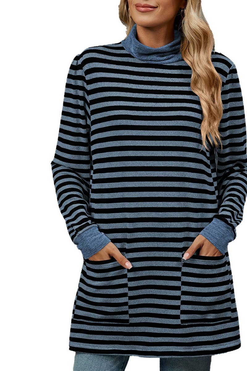 CWTBLL2357_HALF TURTLENECK STRIPED KNITTED LONG SLEEVE TOP