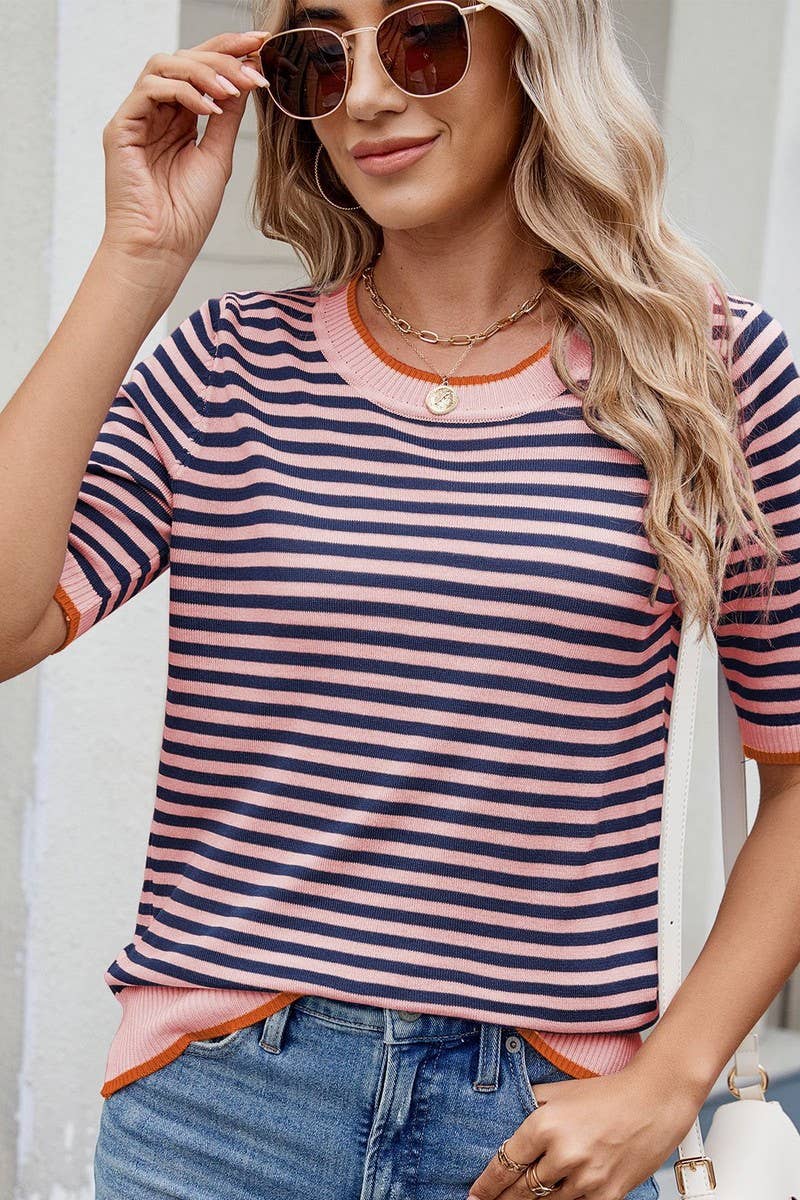 CWTBLS02495_STRIPED KNITTED ICE SILK SHORT-SLEEVED TOP