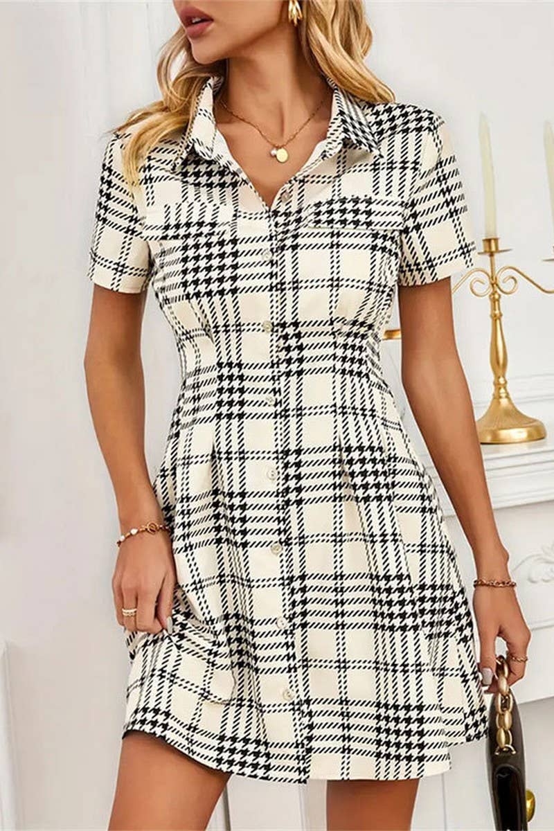 CWDSD7655_SPRING AND SUMMER HOUNDSTOOTH SHORT SHIRT DRESS
