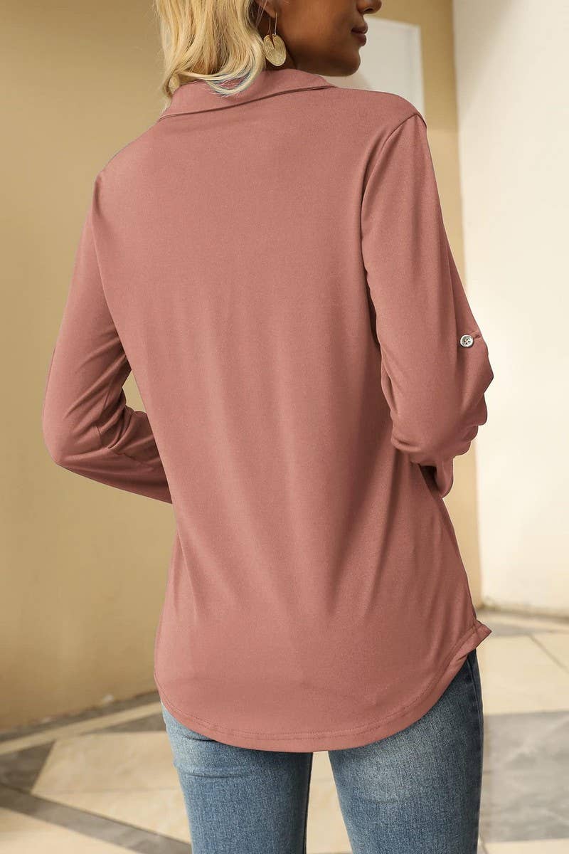 CWTBLL3627_AUTUMN ELASTIC V-NECK LONG-SLEEVED T-SHIRT TOP
