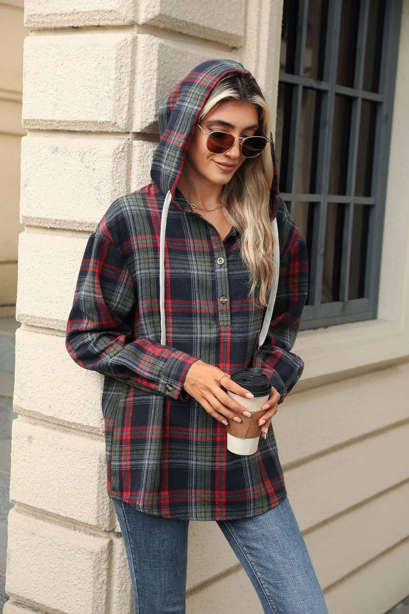 CWOHOL1113_AUTUMN AND WINTER PLAID LOOSE HOODED SWEATSHIRT