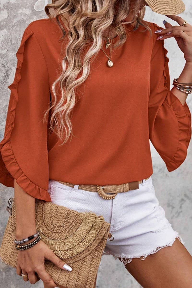 CWTBLS2263_LACE TRIM CREW NECK 3/4 SLEEVE ASYMMETRICAL TOP