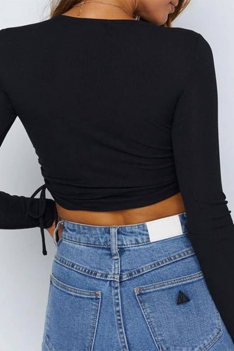 CWTBLL3778_RIBBED DRAWSTRING LONG SLEEVE T-SHIRT CROPPED TOP