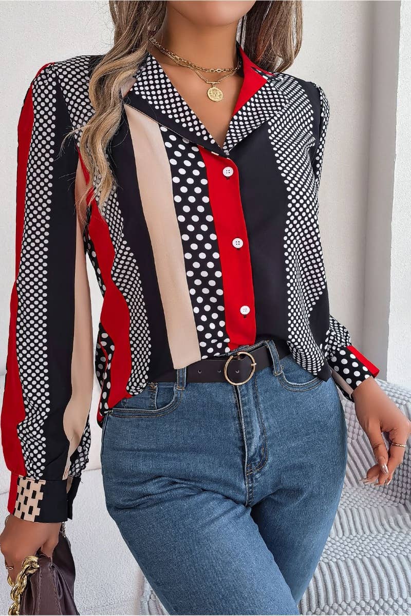 CWTSTL1204_SUMMER POLKA DOT SUIT COLLAR LONG SLEEVE SHIRT