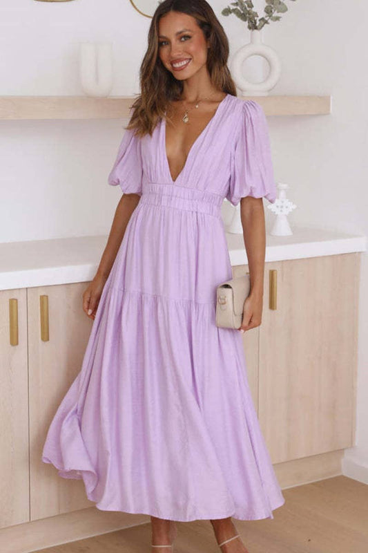 CWDMD1911_WOMEN'S SEXY DEEP V MID-SLEEVE LONG DRESS