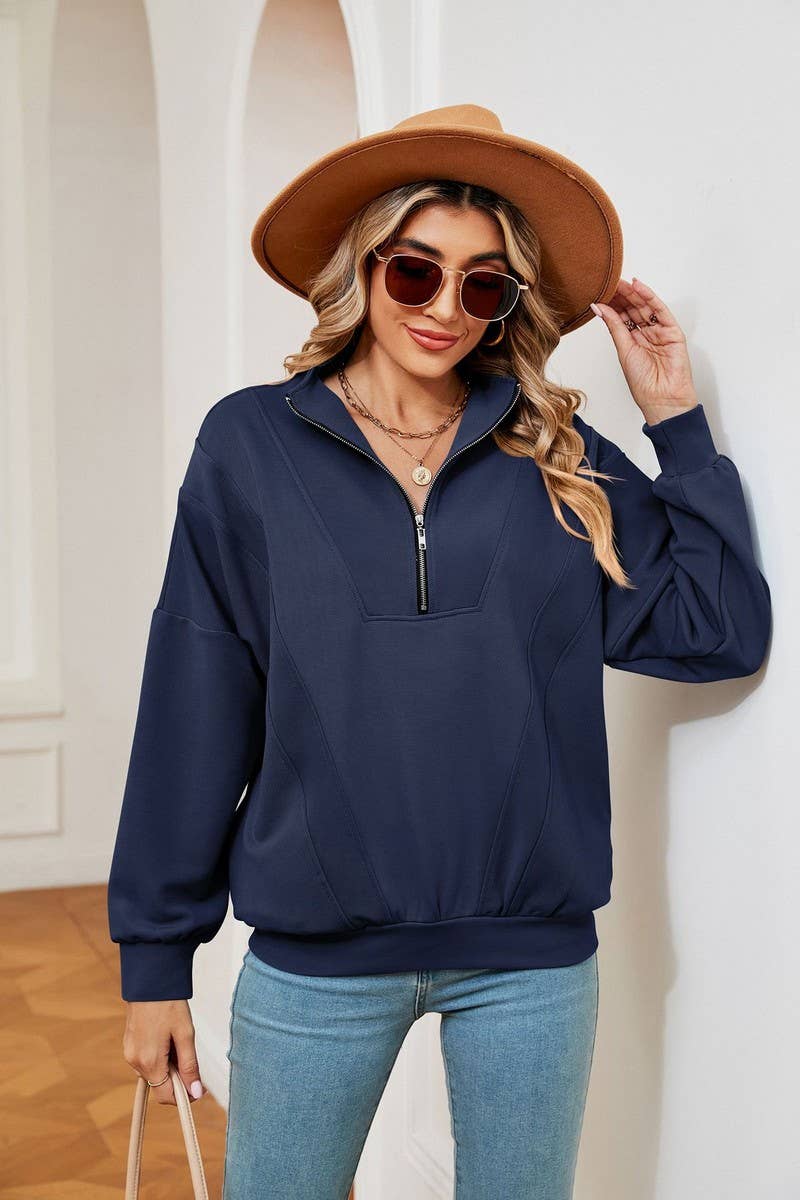 CWTBLL2399_ZIPPERED STAND COLLAR POCKET CASUAL SWEATSHIRT